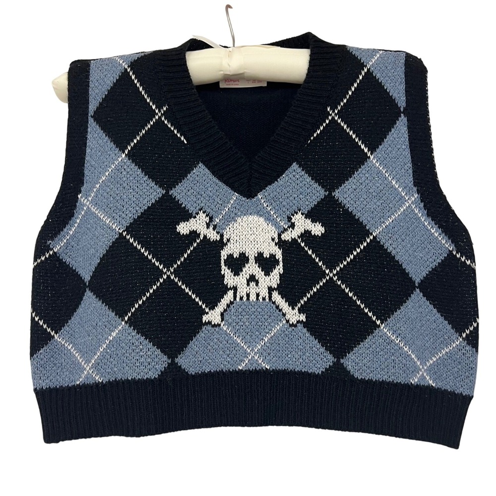 Romwe Goth Y2K Skull Argyle Sweater Vest Blue Black Knit V Neck Sleeveless